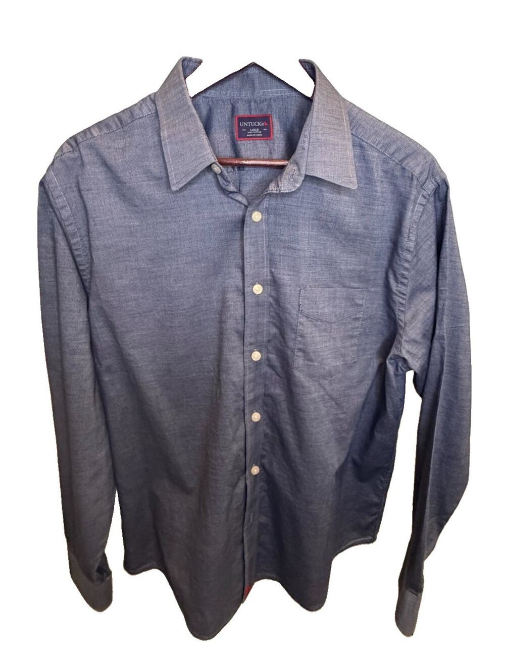 UNTUCKit Men’s Large Blue Chambray Button Down Shirt 100% Cotton Long Sleeve